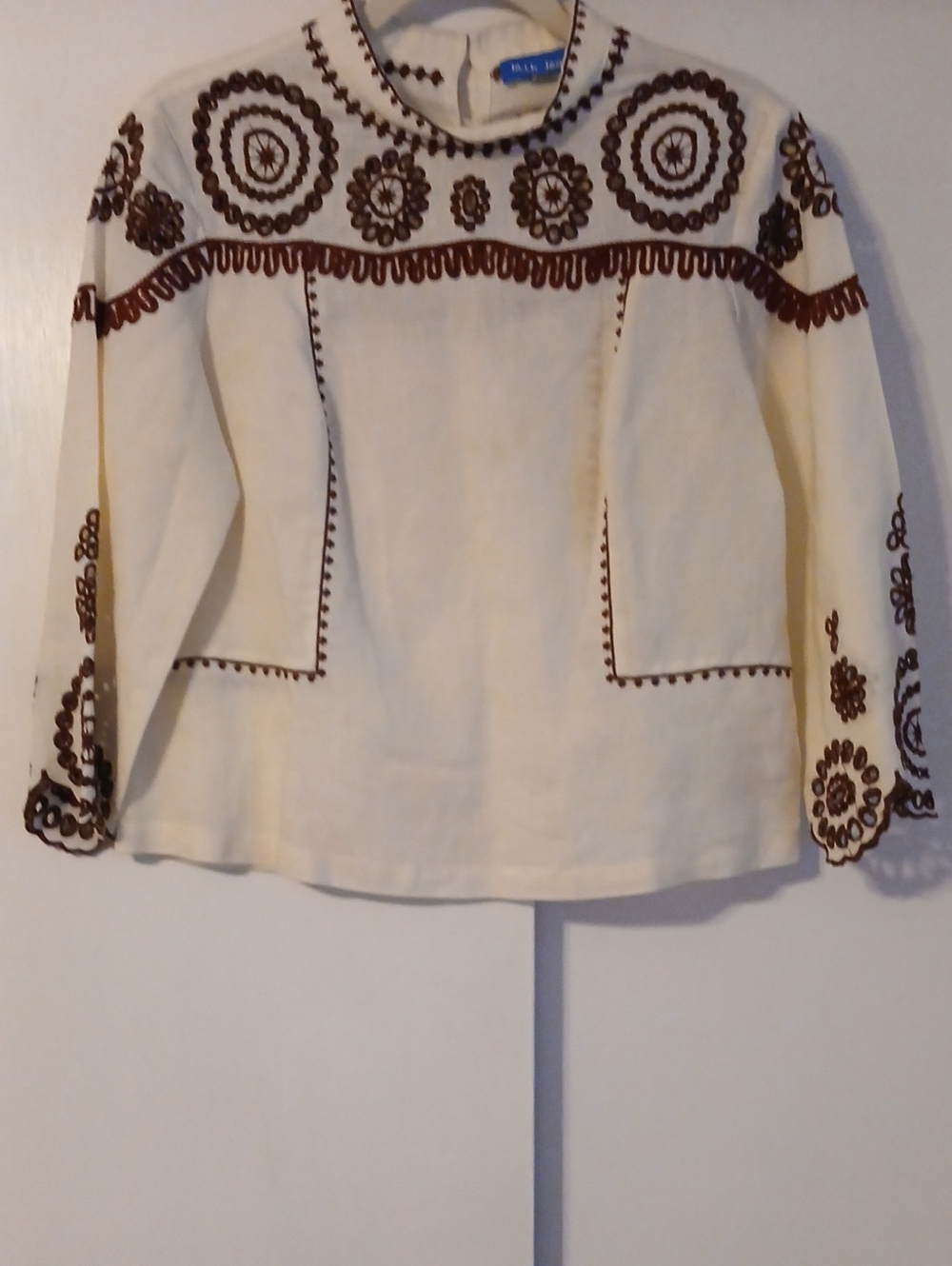 M.i.h Jeans Cream Blouse with Embroidered Brown Trim in Size Small